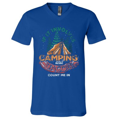 If It Involves Camping And Bacon Count Me In Funny Camping V-Neck T-Shirt