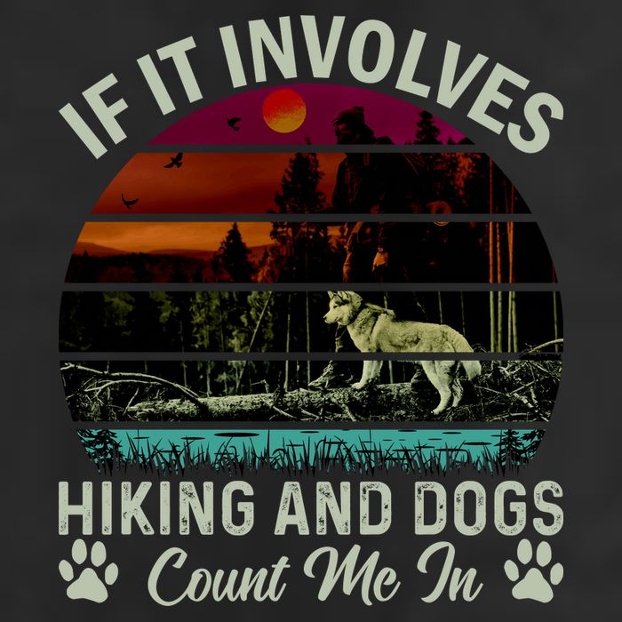 If It Involves Hiking And Dogs Count Me In Mountains Adventure Retro Vintage 7 Panel Mesh Trucker Snapback Hat
