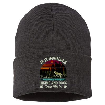 If It Involves Hiking And Dogs Count Me In Mountains Adventure Retro Vintage Sustainable Knit Beanie