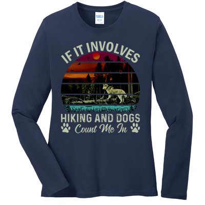 If It Involves Hiking And Dogs Count Me In Mountains Adventure Retro Vintage Ladies Long Sleeve Shirt