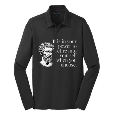 It Is In Your Power To Retire Into Yourself Marcus Aurelius Silk Touch Performance Long Sleeve Polo