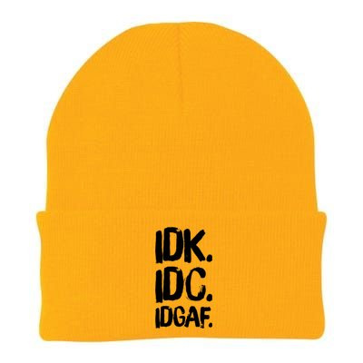 Idk Idc Idgaf Urban Slang Sarcastic I Dont Know Care And Fuck Funny Gift Knit Cap Winter Beanie