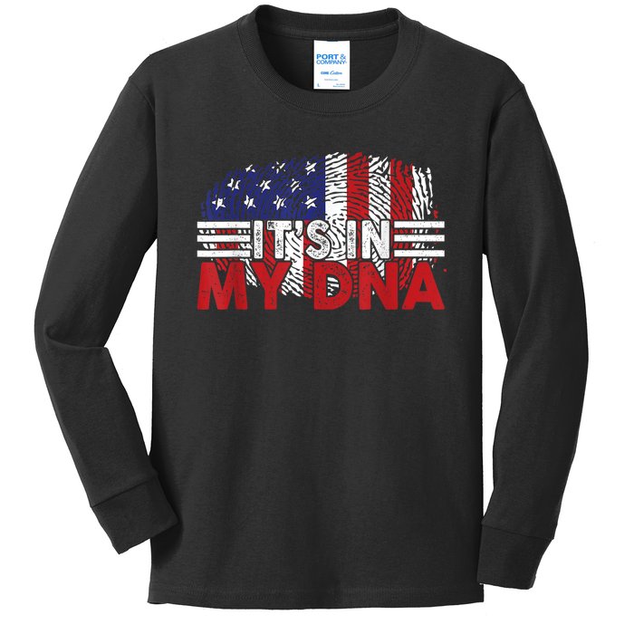 Its In My DNA American Flag Independence Day 4th Of July Kids Long Sleeve Shirt