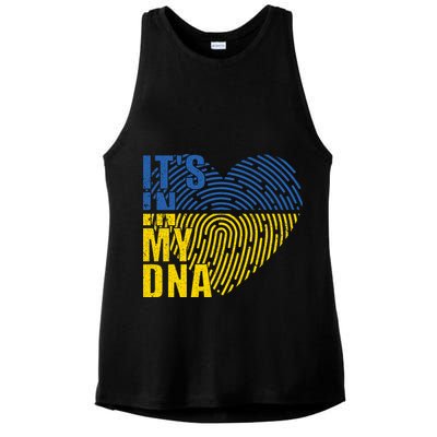 Its In My DNA Urkraine Flag Finger Print Ladies PosiCharge Tri-Blend Wicking Tank