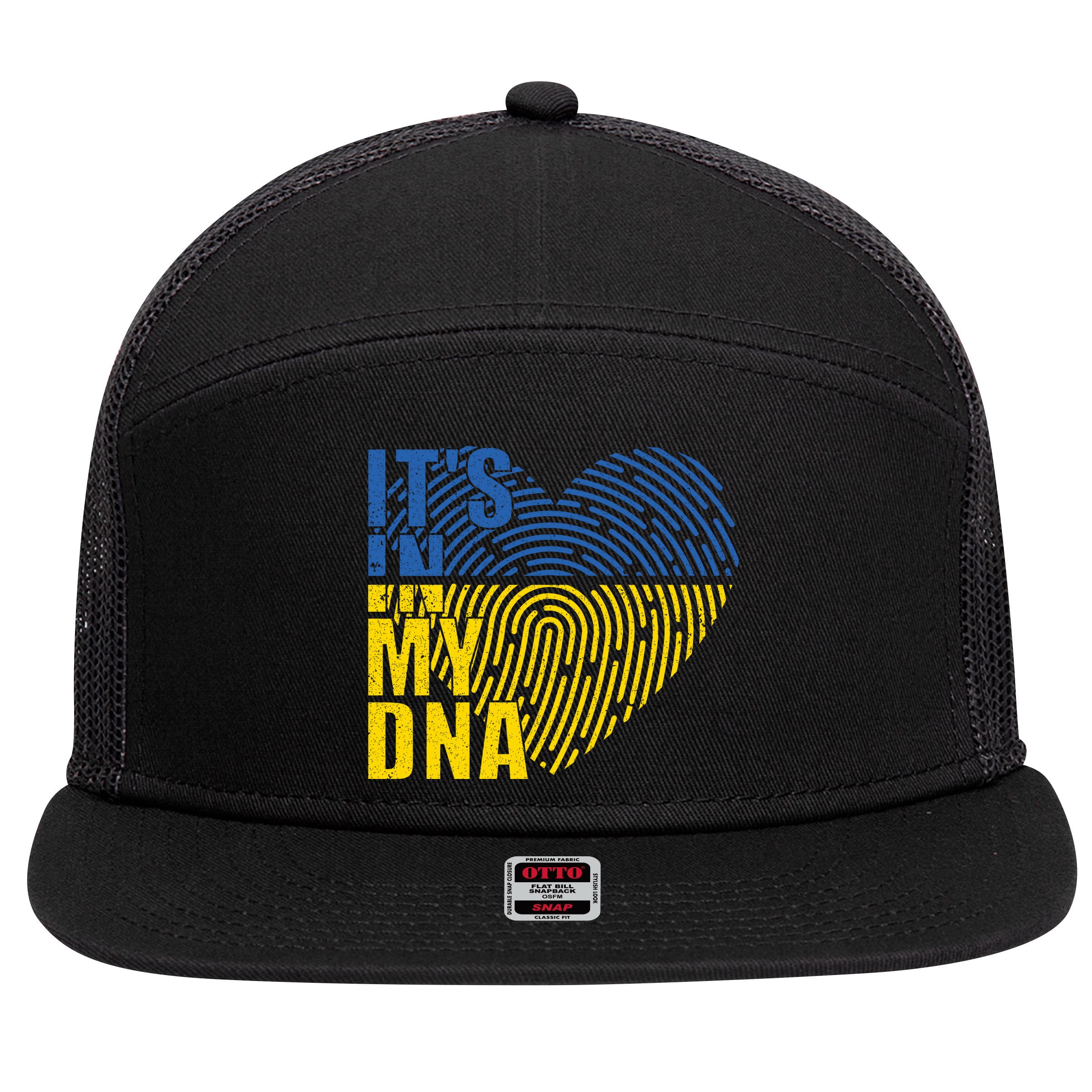 Its In My DNA Urkraine Flag Finger Print 7 Panel Mesh Trucker Snapback Hat