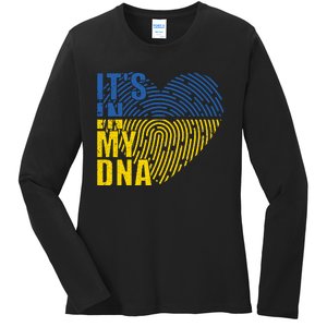 Its In My DNA Urkraine Flag Finger Print Ladies Long Sleeve Shirt