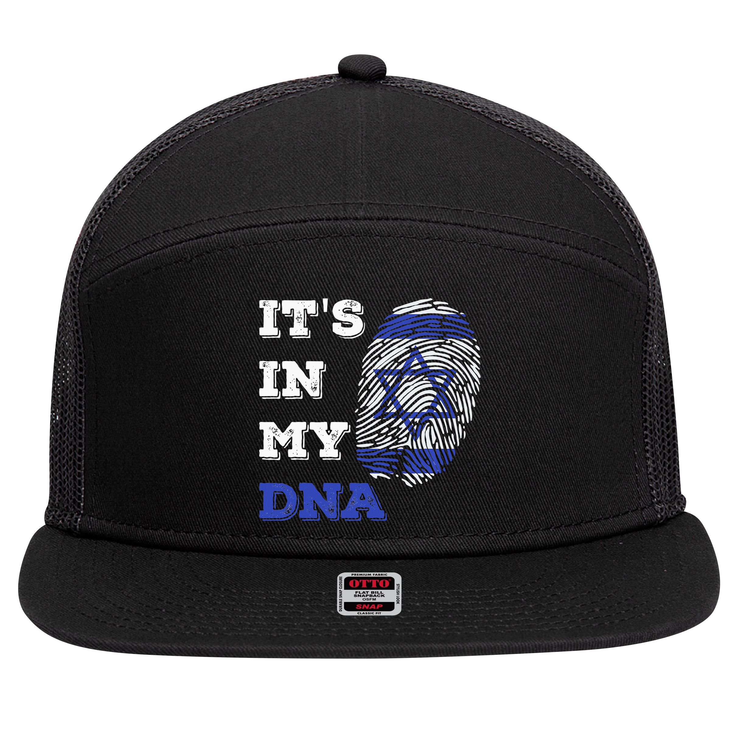 ItS In My Dna Israel Flag Fingerprint Israeli Patriotic 7 Panel Mesh Trucker Snapback Hat