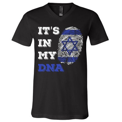 ItS In My Dna Israel Flag Fingerprint Israeli Patriotic V-Neck T-Shirt