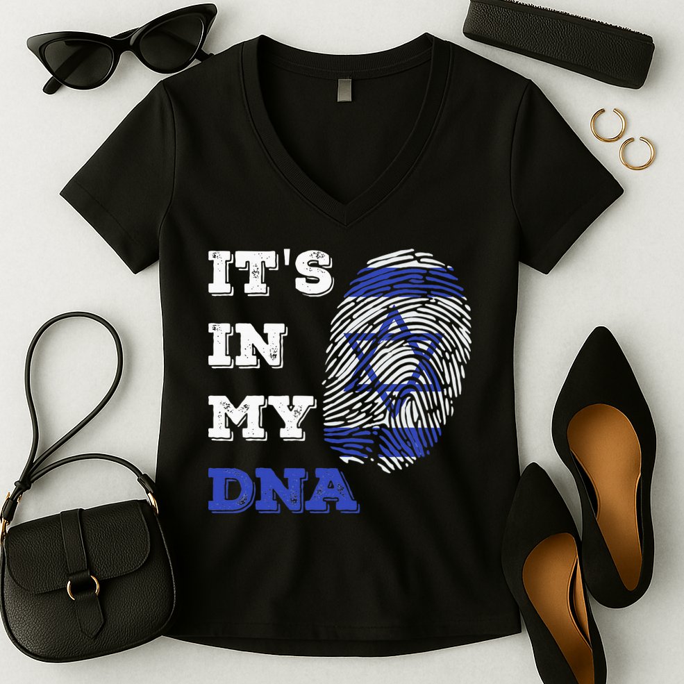 ItS In My Dna Israel Flag Fingerprint Israeli Patriotic Women's V-Neck T-Shirt