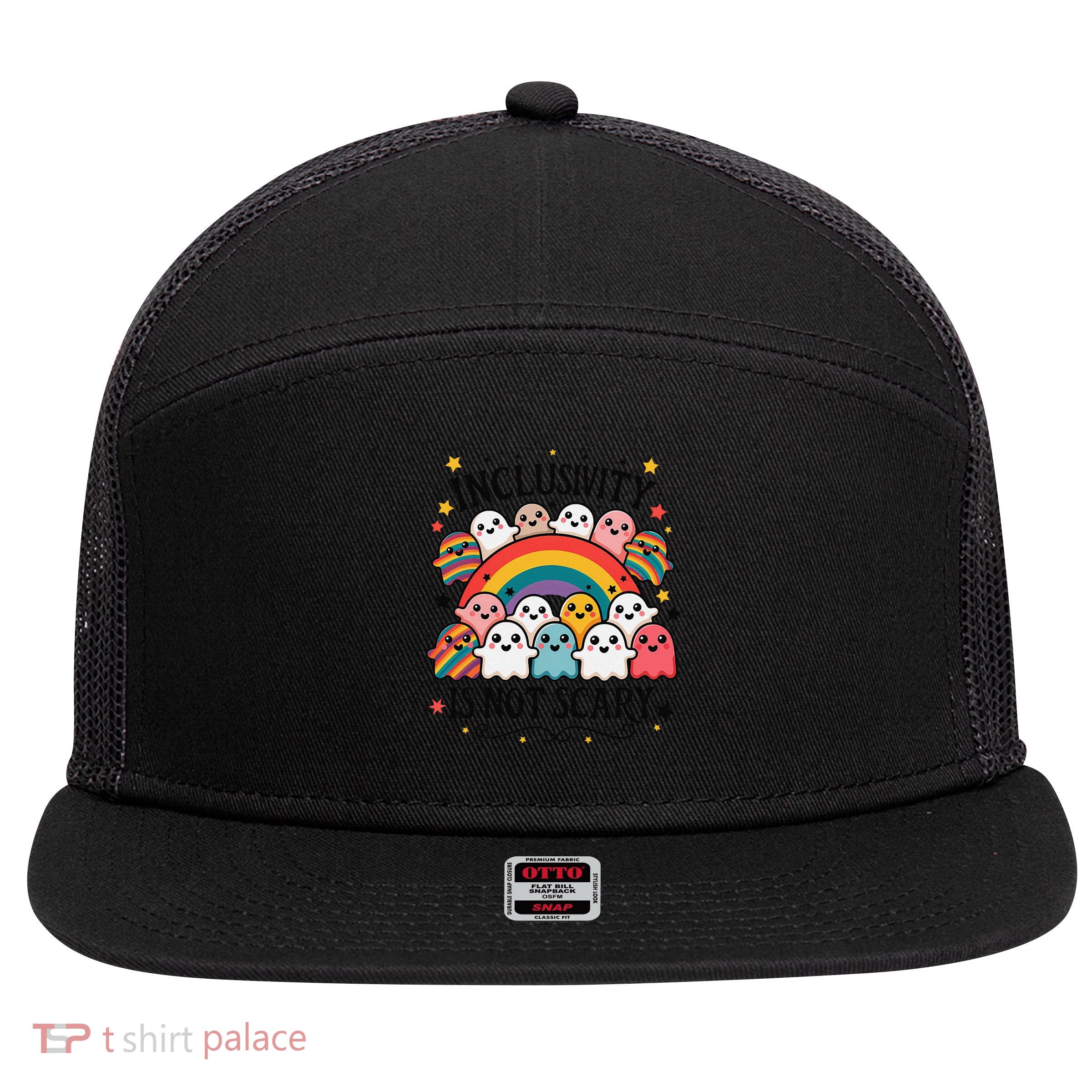 Inclusivity Is Not Scary  Cute Ghost Welcome Here Funny 7 Panel Mesh Trucker Snapback Hat