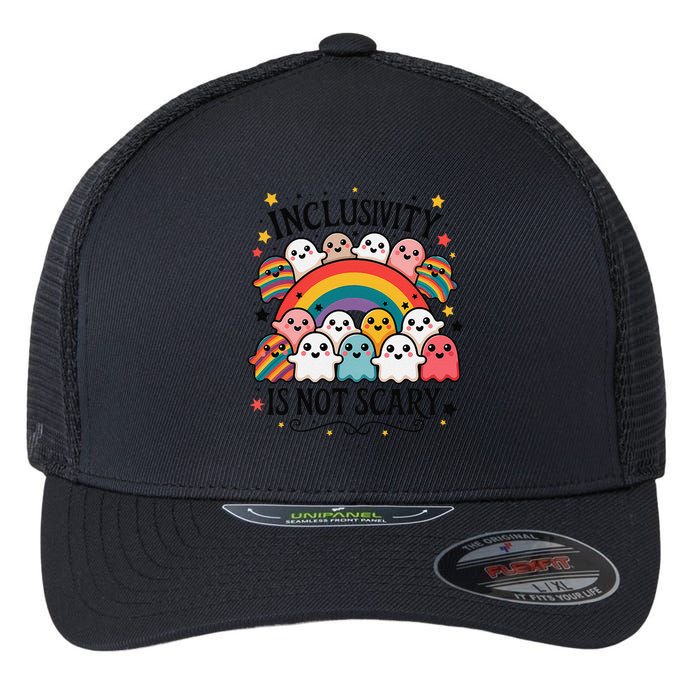 Inclusivity Is Not Scary  Cute Ghost Welcome Here Funny Flexfit Unipanel Trucker Cap