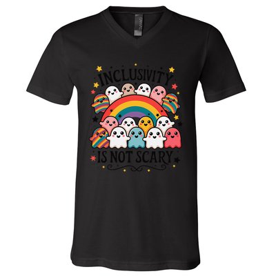Inclusivity Is Not Scary  Cute Ghost Welcome Here Funny V-Neck T-Shirt