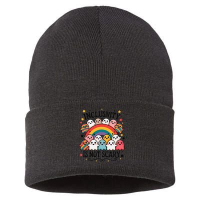 Inclusivity Is Not Scary  Cute Ghost Welcome Here Funny Sustainable Knit Beanie