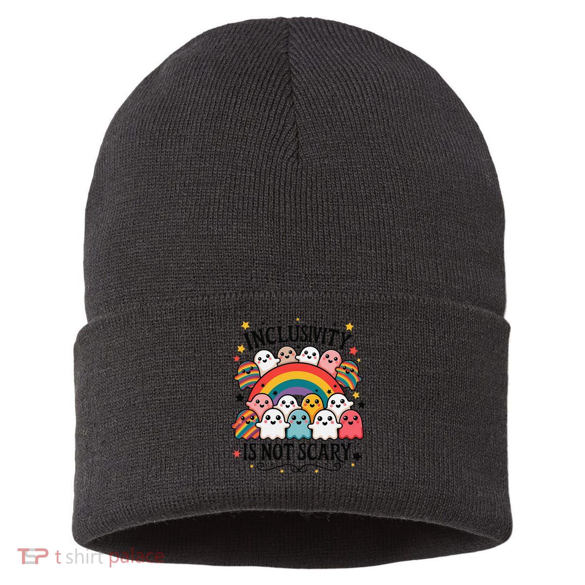 Inclusivity Is Not Scary  Cute Ghost Welcome Here Funny Sustainable Knit Beanie