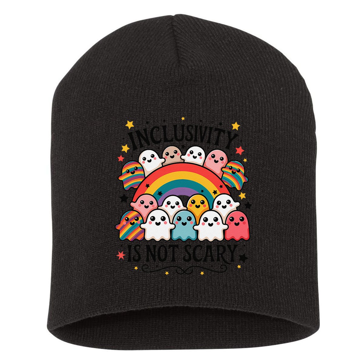 Inclusivity Is Not Scary  Cute Ghost Welcome Here Funny Short Acrylic Beanie