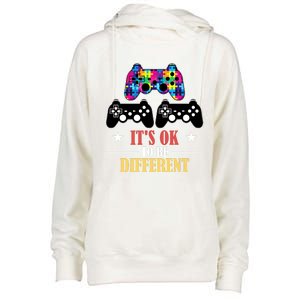 It Is Ok To Be A Different Video Game Autism Awareness Funny Gift Womens Funnel Neck Pullover Hood