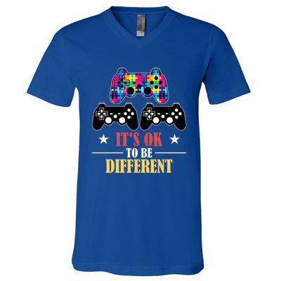 It Is Ok To Be A Different Video Game Autism Awareness Funny Gift V-Neck T-Shirt