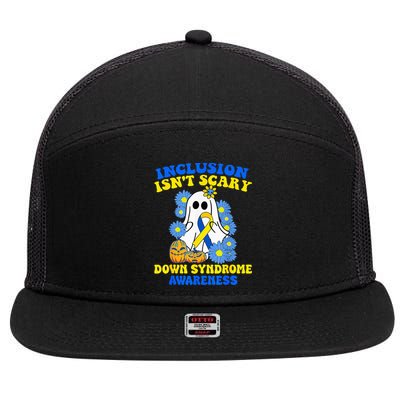 Inclusion Isnt Scary Halloween Ghost Down Syndrome Awareness 7 Panel Mesh Trucker Snapback Hat