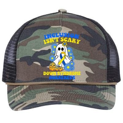 Inclusion Isnt Scary Halloween Ghost Down Syndrome Awareness Retro Rope Trucker Hat Cap