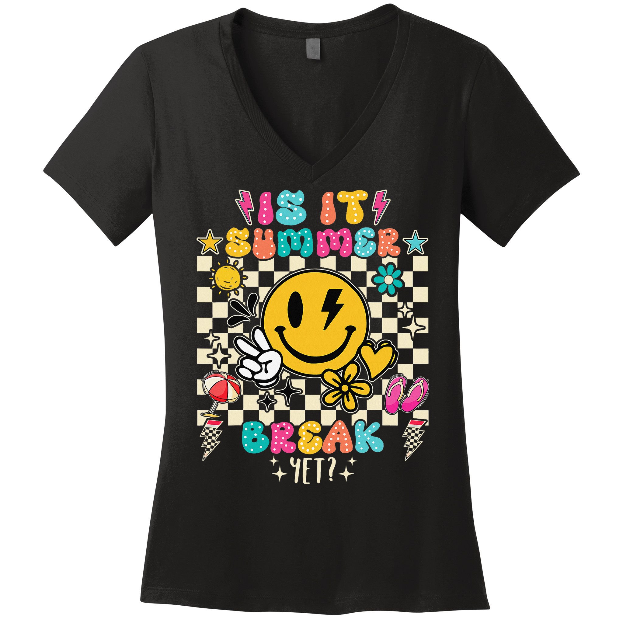 Is It Summer Break Yet Teacher Groovy Women's V-Neck T-Shirt
