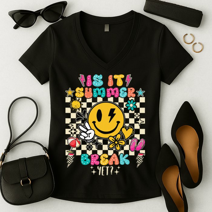 Is It Summer Break Yet Teacher Groovy Women's V-Neck T-Shirt