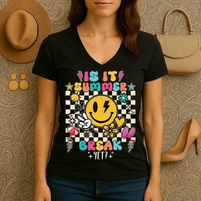 Is It Summer Break Yet Teacher Groovy Women's V-Neck T-Shirt