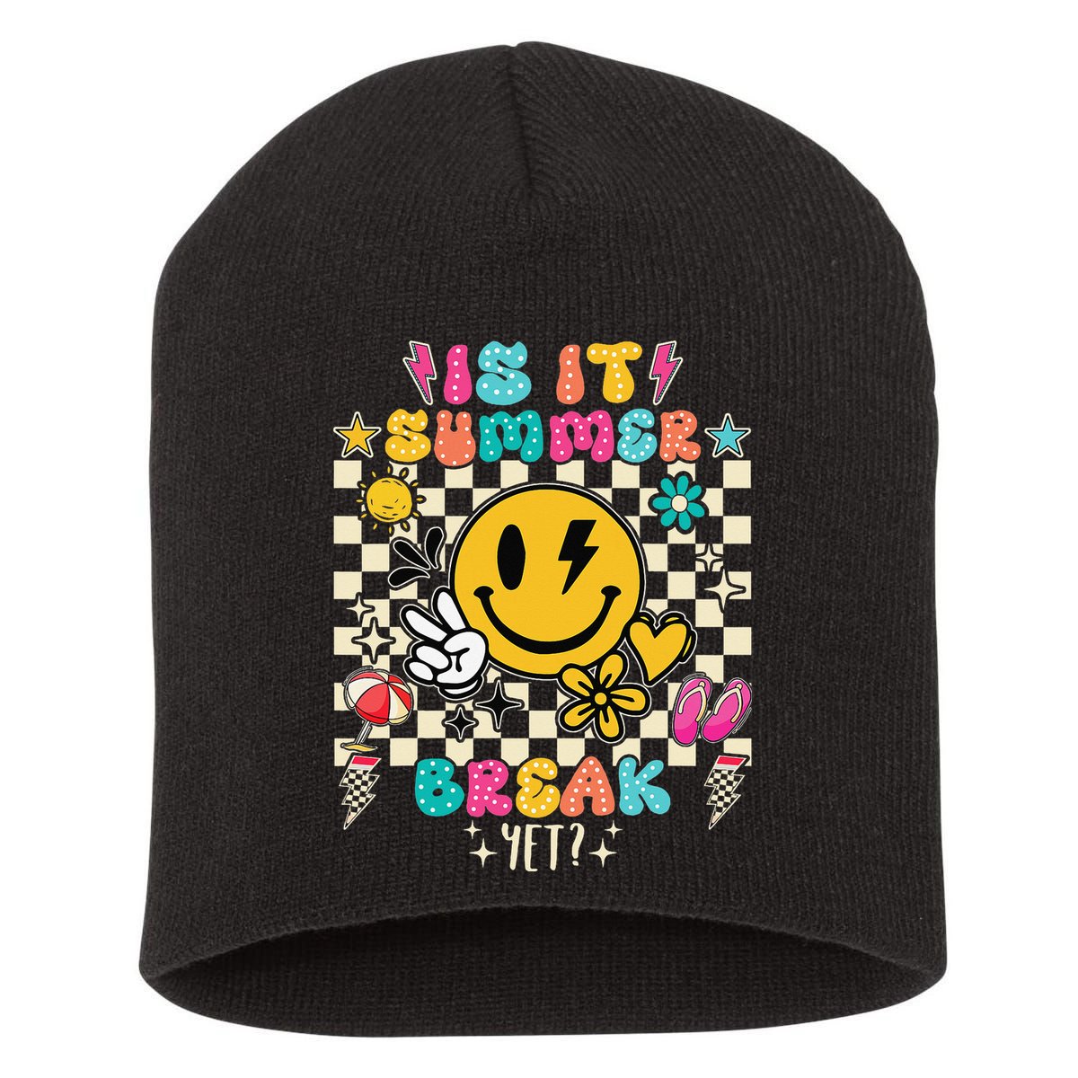 Is It Summer Break Yet Teacher Groovy Short Acrylic Beanie