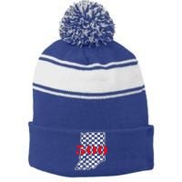 Indianapolis Indiana State 500 Race Car Distressed Flag Gift Stripe Pom Pom Beanie