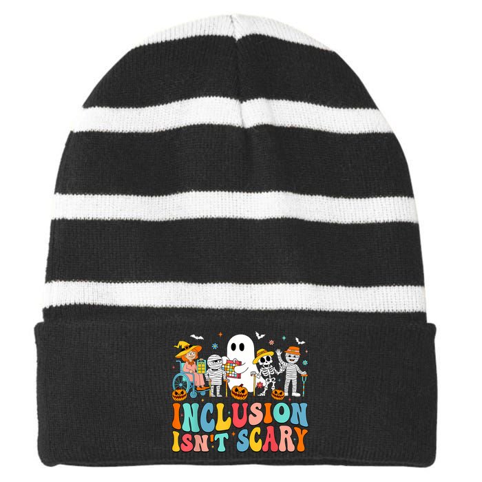 Inclusion IsnT Scary Slp Halloween Sped Teacher Ghost Mummy Striped Beanie with Solid Band