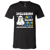 Inclusion Isnt Scary Down Syndrome Awareness Yellow And Blue V-Neck T-Shirt