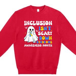 Inclusion Isnt Scary Down Syndrome Awareness Yellow And Blue Premium Crewneck Sweatshirt