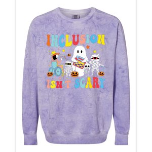 Inclusion IsnT Scary Teacher Skeleton Ghost Cute Halloween Colorblast Crewneck Sweatshirt