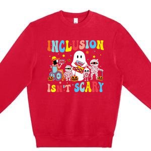 Inclusion IsnT Scary Teacher Skeleton Ghost Cute Halloween Premium Crewneck Sweatshirt