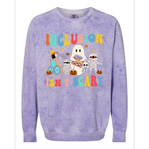 Inclusion IsnT Scary Teacher Skeleton Ghost Cute Halloween Colorblast Crewneck Sweatshirt