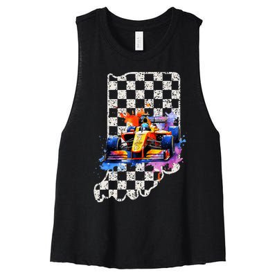 Indianapolis Indiana State 500 Race Car Formula Racing Car Women's Racerback Cropped Tank