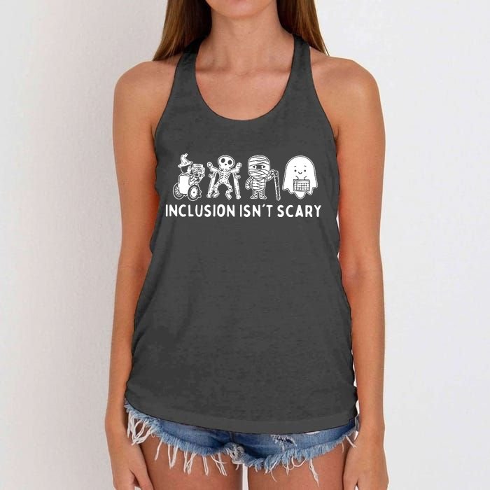 Inclusion Isnt Scary Teacher Skeleton Ghost Cute Halloween Women's Knotted Racerback Tank