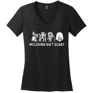 Inclusion Isnt Scary Teacher Skeleton Ghost Cute Halloween Women's V-Neck T-Shirt