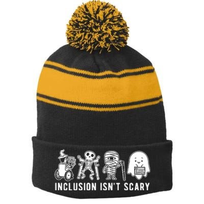 Inclusion Isnt Scary Teacher Skeleton Ghost Cute Halloween Stripe Pom Pom Beanie