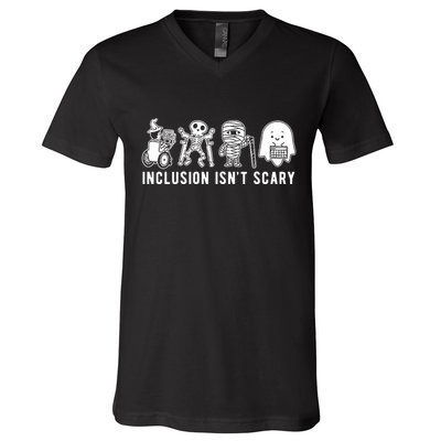 Inclusion Isnt Scary Teacher Skeleton Ghost Cute Halloween V-Neck T-Shirt