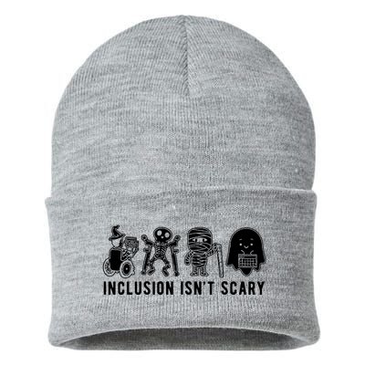 Inclusion Isnt Scary Teacher Skeleton Ghost Cute Halloween Sustainable Knit Beanie