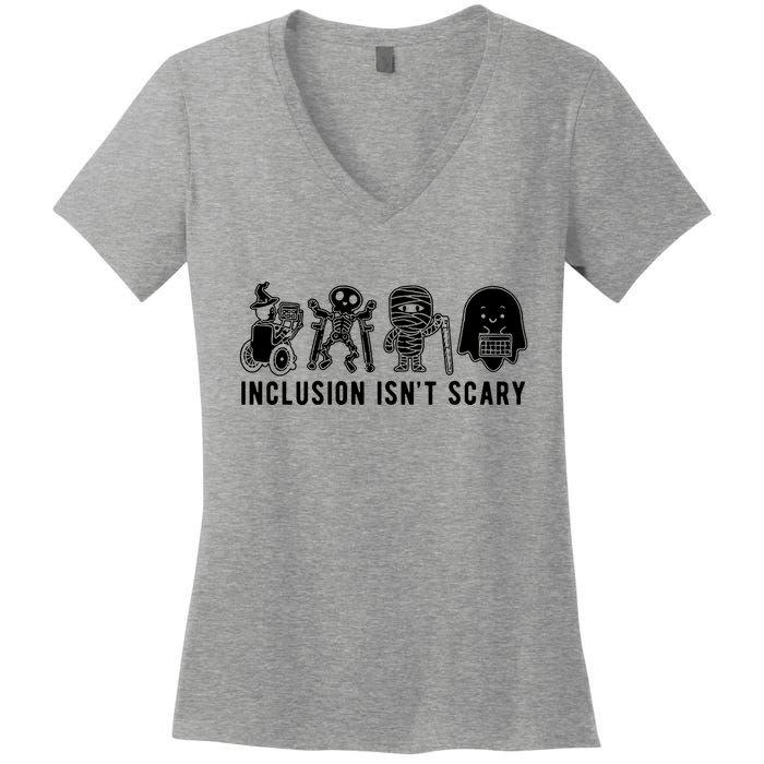 Inclusion Isnt Scary Teacher Skeleton Ghost Cute Halloween Women's V-Neck T-Shirt