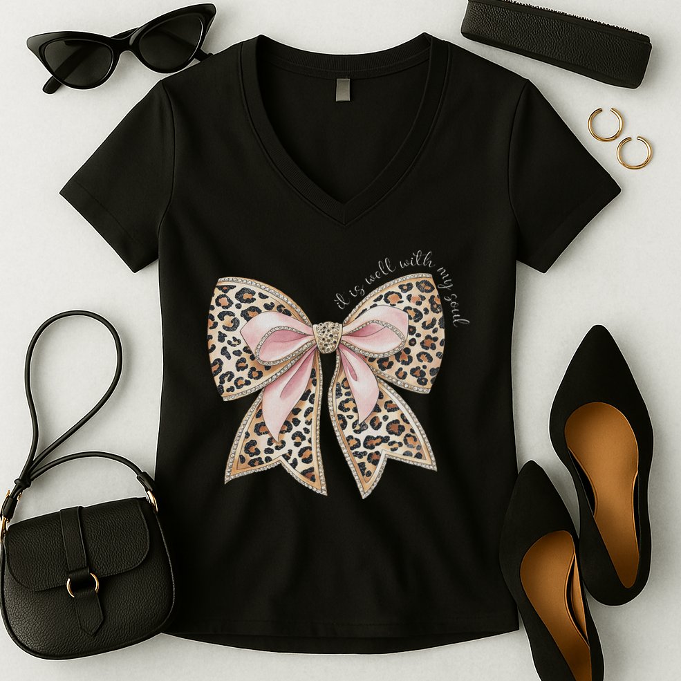 It Is Well With My Soul Inspired Faith Bible Bow Christian Women's V-Neck T-Shirt