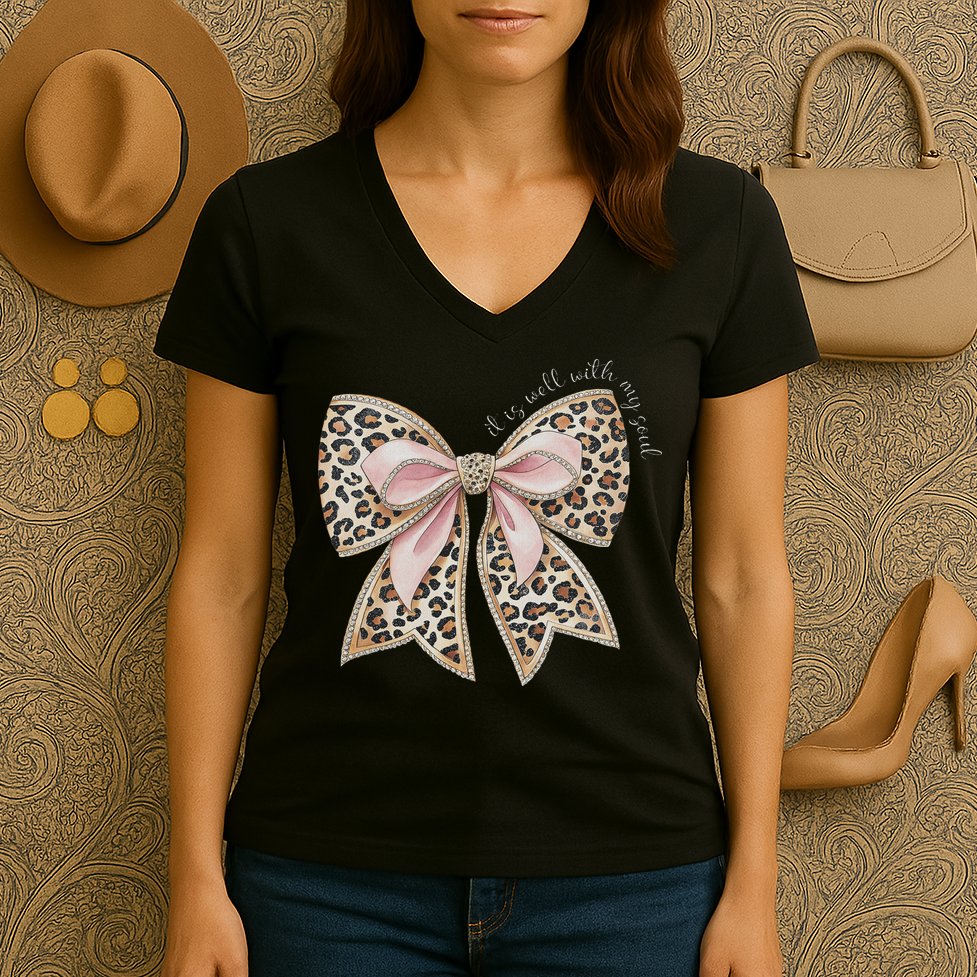 It Is Well With My Soul Inspired Faith Bible Bow Christian Women's V-Neck T-Shirt