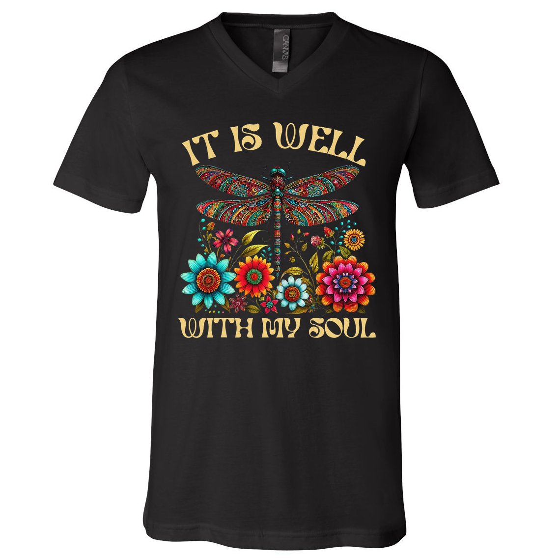 It Is Well With My Soul Dragonfly Floral Boho Christian God V-Neck T-Shirt