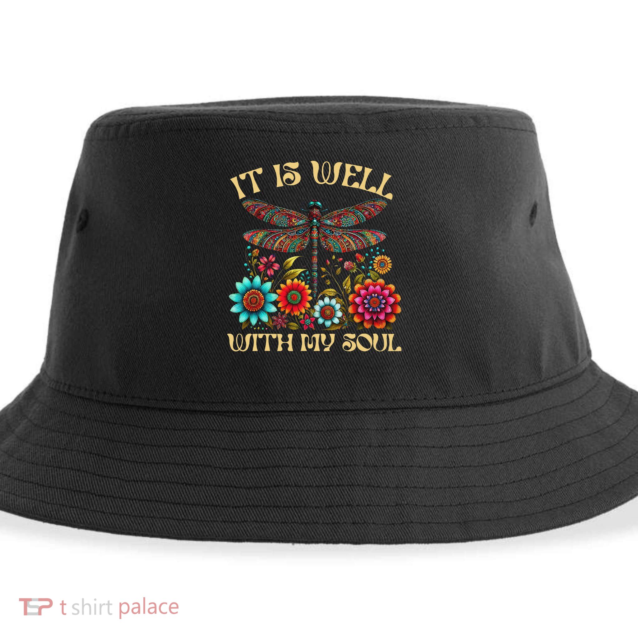 It Is Well With My Soul Dragonfly Floral Boho Christian God Sustainable Bucket Hat