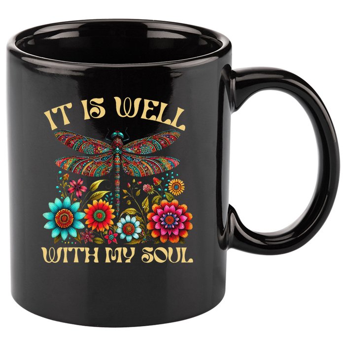 It Is Well With My Soul Dragonfly Floral Boho Christian God 11oz C Handle Ceramic Mug