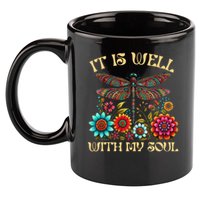 It Is Well With My Soul Dragonfly Floral Boho Christian God 11oz C Handle Ceramic Mug