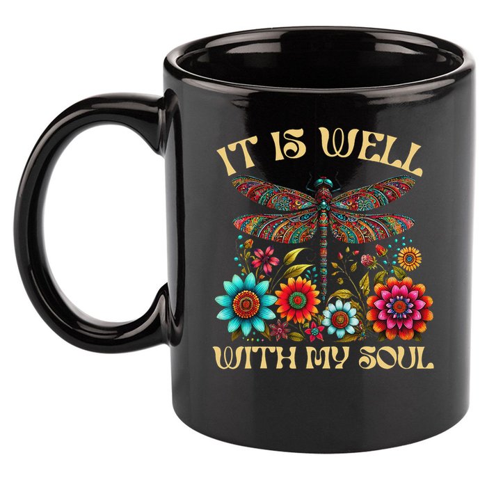 It Is Well With My Soul Dragonfly Floral Boho Christian God 11oz C Handle Ceramic Mug