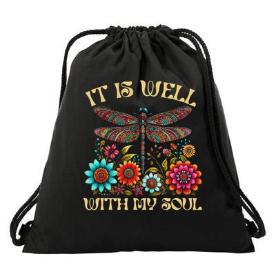 It Is Well With My Soul Dragonfly Floral Boho Christian God Drawstring Bag