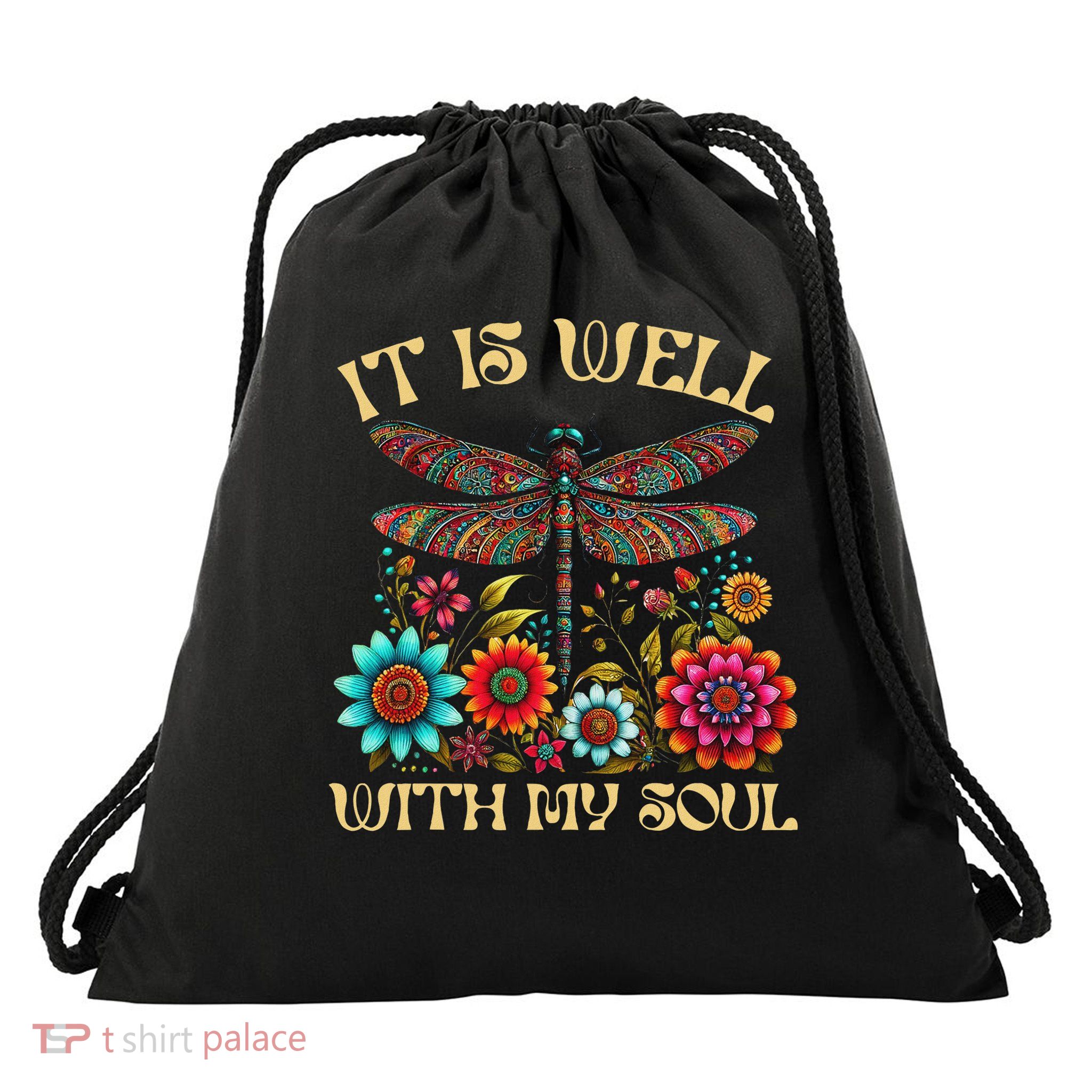 It Is Well With My Soul Dragonfly Floral Boho Christian God Drawstring Bag